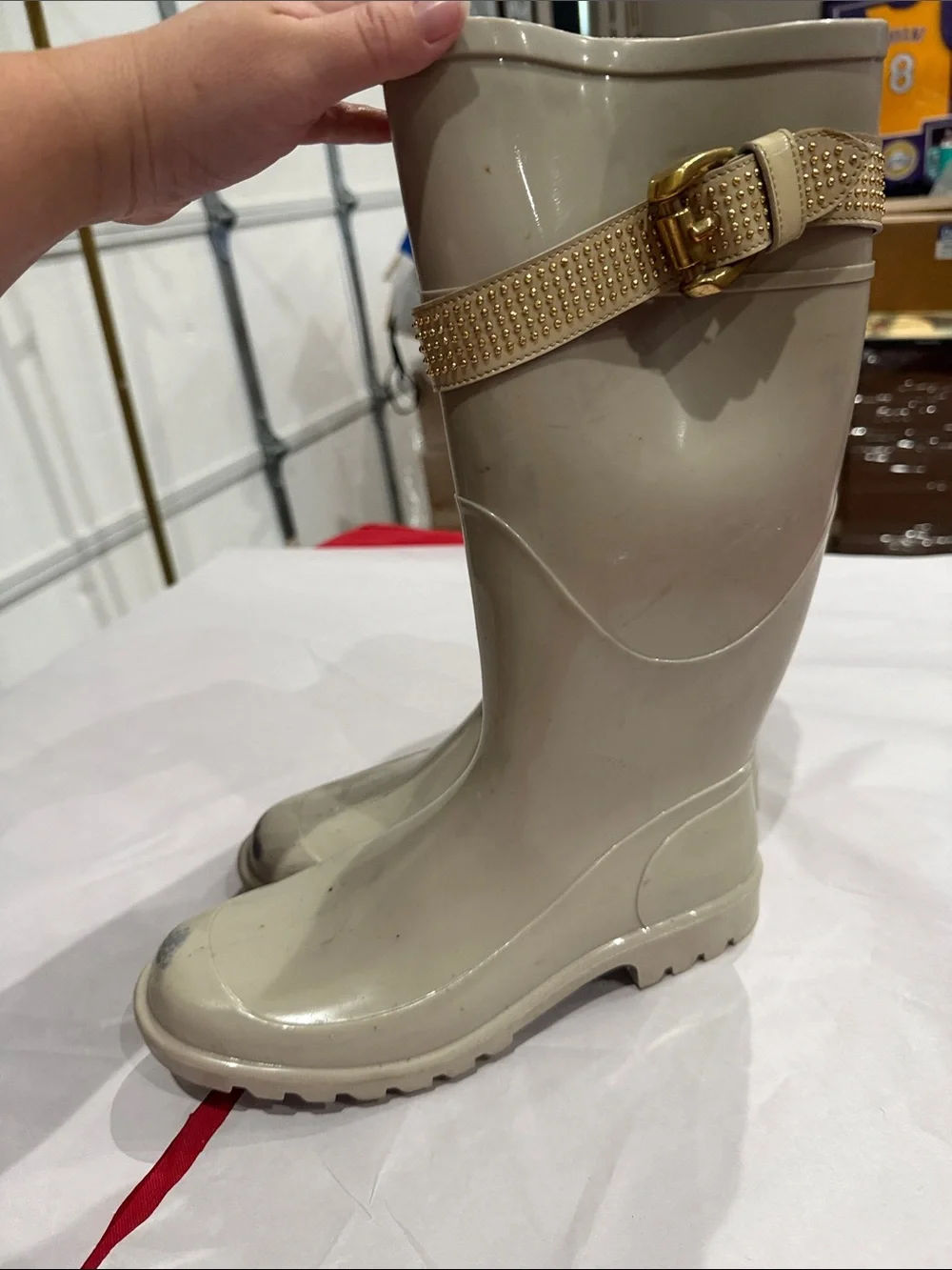 Burberry Cream Tall Rain Boots with Gold Buckle Strap
